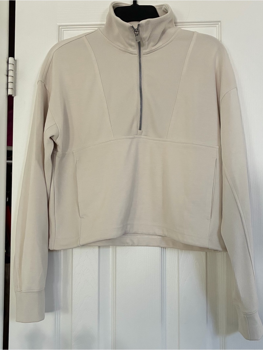 Athleta Seasoft Rib 1/4 Zip Popover Sweatshirt Bone/Off-white XS Oversized